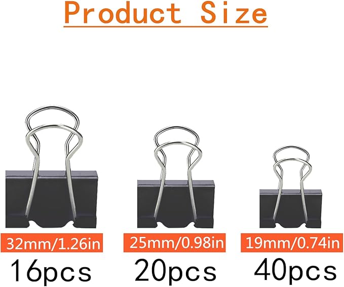 76 Pcs Black Binder Clips Paper Clamps Set Assorted Sizes Large Medium Small for Office School and Home