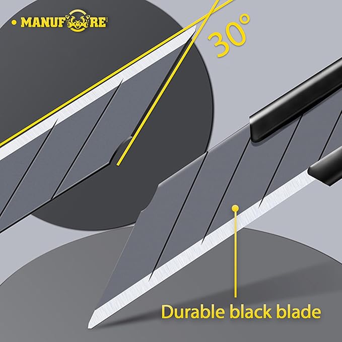 MANUFORE 30pcs Green 9mm Snap-off Knives with Safety Auto-lock, Metal Handle, Black Blade, Lightweight Portable Retractable Cutter for office, school