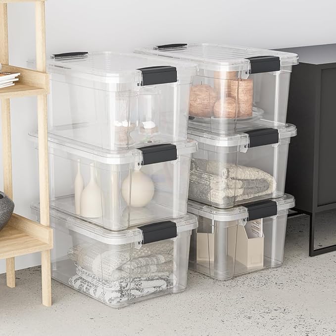Superio Clear Storage Boxes with Lids, 26.5 Quart Plastic Container Bins for Organizing, Stackable Crates, BPA Free, Non Toxic, Odor Free, Organizers for Home, Office, School, and Dorm