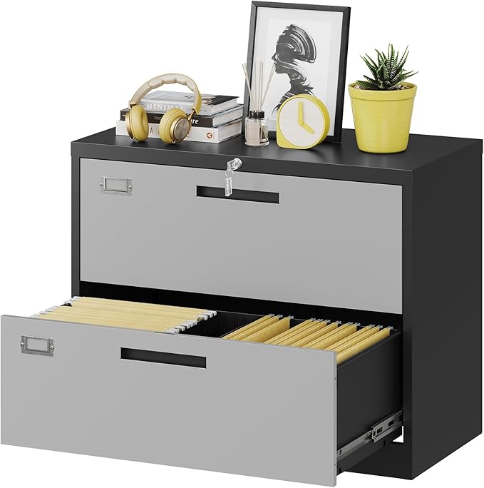 Fesbos 2 Drawer Lateral File Cabinet with Lock, Metal Steel Filling Cabinets for Home Office, Lockable Storage Cabinet for Hanging Files Letter/Legal/F4/A4 Size-Assembly Required
