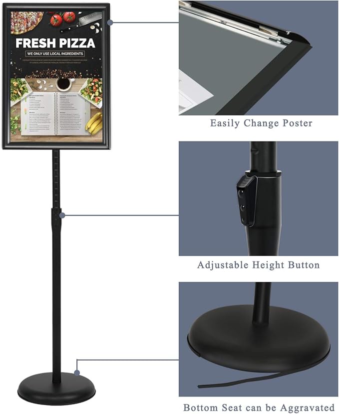 VAIIGO 11 x 17 Inch Adjustable Pedestal Sign Holder Poster Stand, Heavy Duty Floor Standing Sign Holder Stand Aluminum Snap Open Display Frame for Vertical and Horizontal View Sign Displayed(Black)