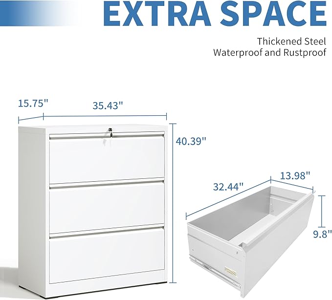 FLIXELIO File Cabinets 3 Drawer,Metal Office Storage Filing Cabinet with Lock,White Lateral Filing Cabinet for Home Office,Horizontal Locking File Cabinets for Legal/Letter/A4 Files,Assembly Require