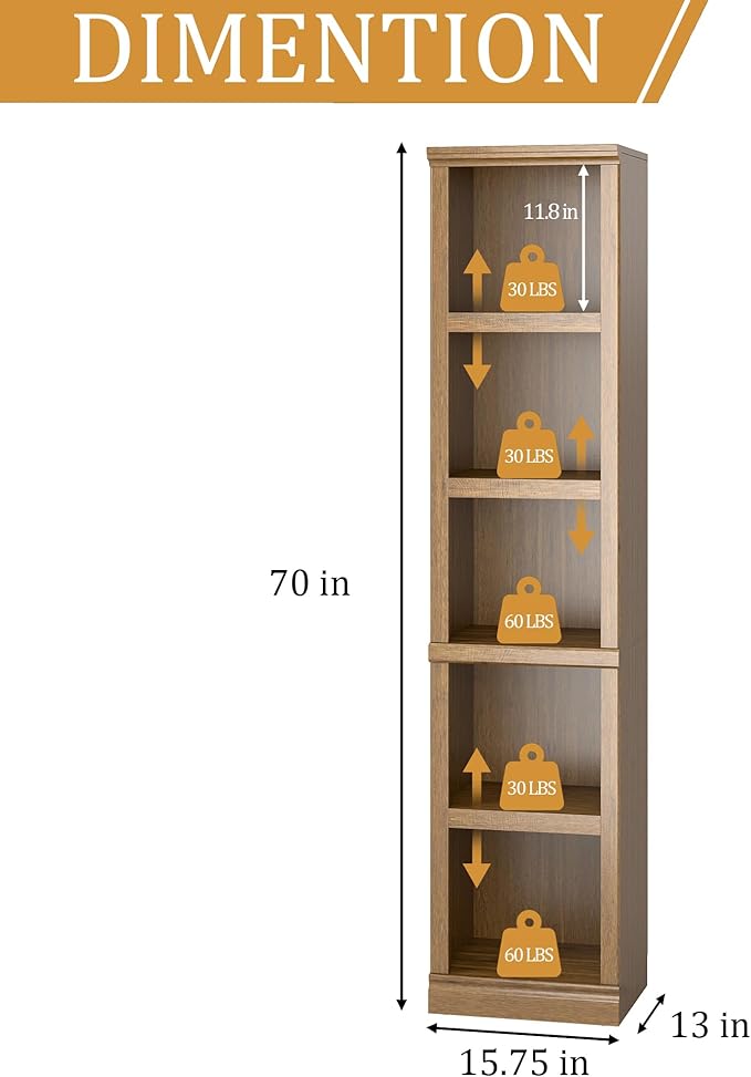 blini 5-Shelf Narrow Bookcase White Wooden Tall Bookshelves Floor Standing Display Storage Shelves Vintage Oak Bookcase for Home Office, Living Room, Bed Room
