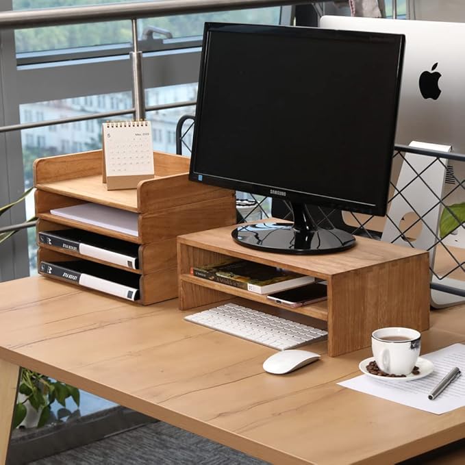 DDYURI Wood Stackable Paper Trays for Office Supplies and Accessories - Desk Organizer Tray for Letter Document Magazine -Wooden Desktop File Folder Holder Shelf 2 Set Light(2CTP-LT)