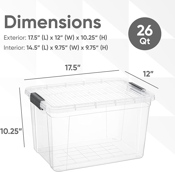 Superio Clear Storage Boxes with Lids, 26.5 Quart Plastic Container Bins for Organizing, Stackable Crates, BPA Free, Non Toxic, Odor Free, Organizers for Home, Office, School, and Dorm