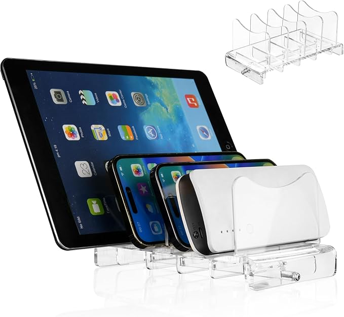 CaSZLUTION Acrylic Multi Device Organizer Stand Base for Portable Charger Power Banks, 4 Slots Desktop Storage Holder Compatible with USB Battery Pack, Phones and Tablets (Stand Only) - Clear