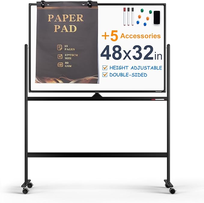 Large Dry-Erase Rolling Magnetic Whiteboard - 48 x 32 Inches Dry Erase Board with Stand Height Adjust Double Sides Mobile White Board Easel on Wheels with 25 Sheets Paper Pad Office, Home & Classroom