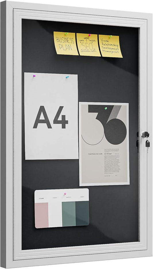 36"x24" Lockable Enclosed Bulletin Board, Outdoor Flet Weather-Resistant Aluminum Frame Notice Board, Wall Mounted Display Case Acrylic Doors for School,Office,Silver Frame w/Black Flet