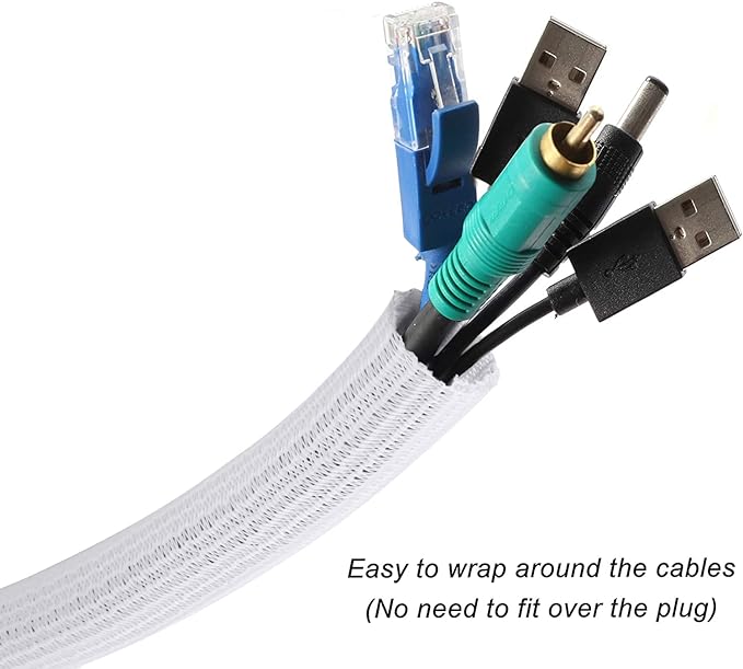 CrocSee 10ft - 3/4 inch Braided Cable Management Sleeve Cord Protector - Self-Wrapping Split Wire Loom for TV/Computer/Home Theater/Engine Bay - White