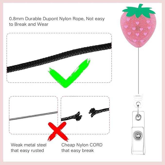 2Pcs Funny Strawberry Badge Reel Retractable for Nurse, Doctor, Medical Worker Nursing Student | Cute Pediatric Nurse ID Name Badge Holder 24” Durable Nylon Retractable Cord with Alligator Clip