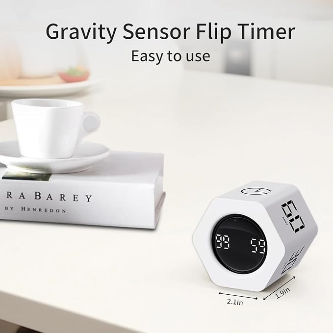 LUCKY TIME Productivity Timer Flip Gravity Sensor Pomodoro Cube Timer Countdown & Countup,1/5/10/30/60min Preset & Custom Timing, Mute/Vibrate/Sound for ADHD,Work,Study,Kitchen(1, White Hexagon)