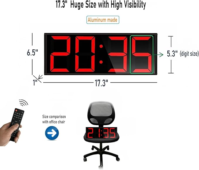 ETEBRG 17.3'' Huge Digital Wall Clock, Home Gym Interval Workout Timers, with Countdown, Stopwatch, 7-Color Light, 8-Alarms, Calendar/Temperature Display, for HIIT/Tabata/FGB/EMOM (Red)