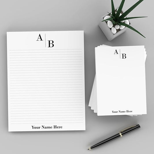 PrintPPS Personalized Monogram Notepads with your 2 Initials Diagonally - 4 Pack Gift Set of 5 x 7 @ 50 Sheets Per Pad - Optional Ruled Lines - Custom Stationery For To Do Checklists, and Gifts