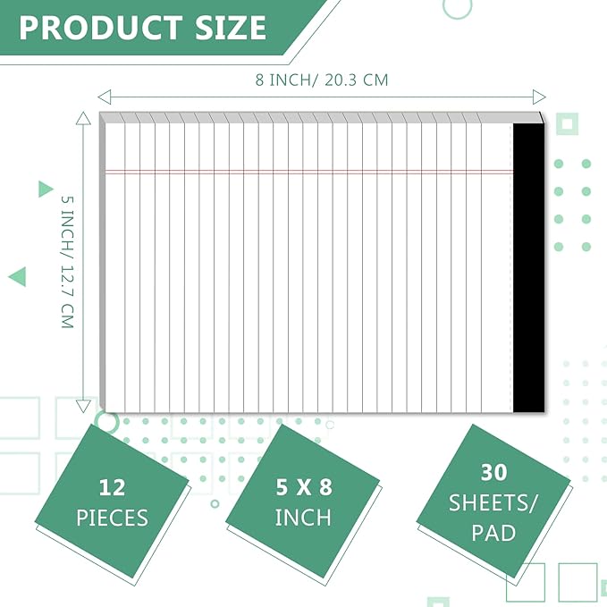 Legal Pads 5×8 Inch Notepad, 12 Pack Note Pads College Ruled Perforated Memo Pad for Work Study Daily Note Taking List, Lined Writing Pads Memo Refills Notepads for Office Home School, 30 Sheet/Pad
