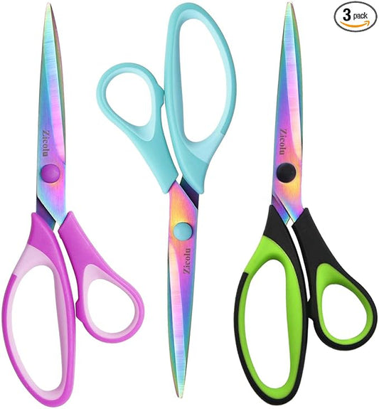 8.5" Scissors All Purpose, Multipurpose Office Scissors Set, Titanium Coating Sharp Blade, Soft Comfort-Grip, Ideal for Fabric, School, Home, Craft & Sewing, Right/Left Handed, Assorted Color, 3 Pack