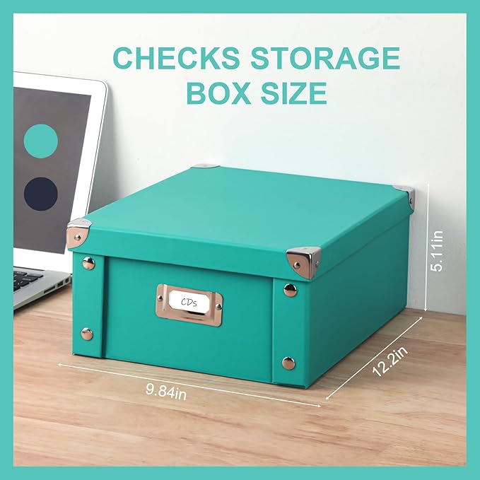 2 Pcs Checks Storage Box with Lid Document Boxes Banker Boxes Lake Green Document Bin Snap Close Receipt Box Storage Foldable Cardboard Record Boxes For Files Orangize Books Files Envelope 12"x10"x5"