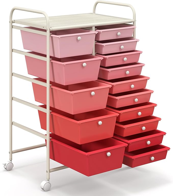 HAPPYGRILL 15-Drawer Rolling Cart, Storage Carts with Removable Drawers & Steel Frame, Utility Cart on Lockable Wheels for Home, School, Office, Pink