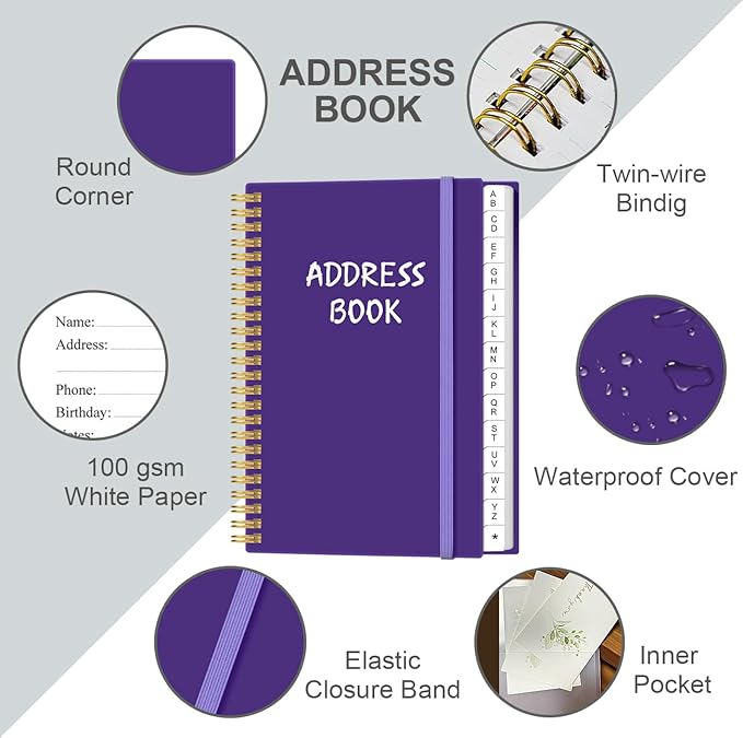Address Book with Alphabetical Tabs - Telephone & Address Book with Address Contacts, Special Date, Phone, Birthday & Internet Login Password for Home and Office, 4.3" x 6.2", Purple