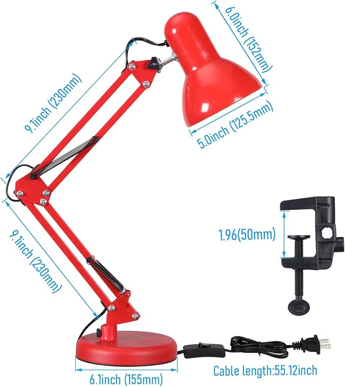 TORCHSTAR Metal Desk Lamp with Clamp, Swing Arm, Architect Adjustable Gooseneck Table Lamp, Clip Desk Lights for Home Office, Work, Study, Reading, E26 Base, Multi-Joint, Red