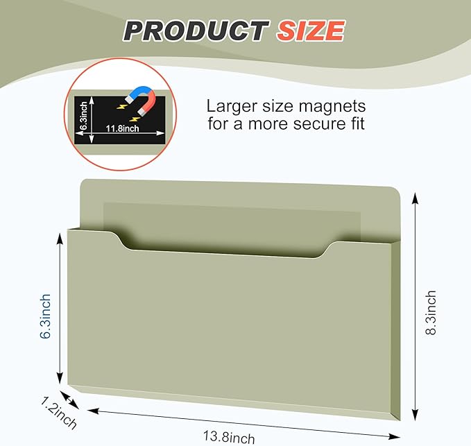 Feifeiya Magnetic Pocket File Holder Large File Folder Organizer Paper Mail Letters Holder Wall Hanging Office Supplies for Refrigerator Whiteboard Cabinets(13.8 x 8.3 Inch,Horizontal,Sage Green)
