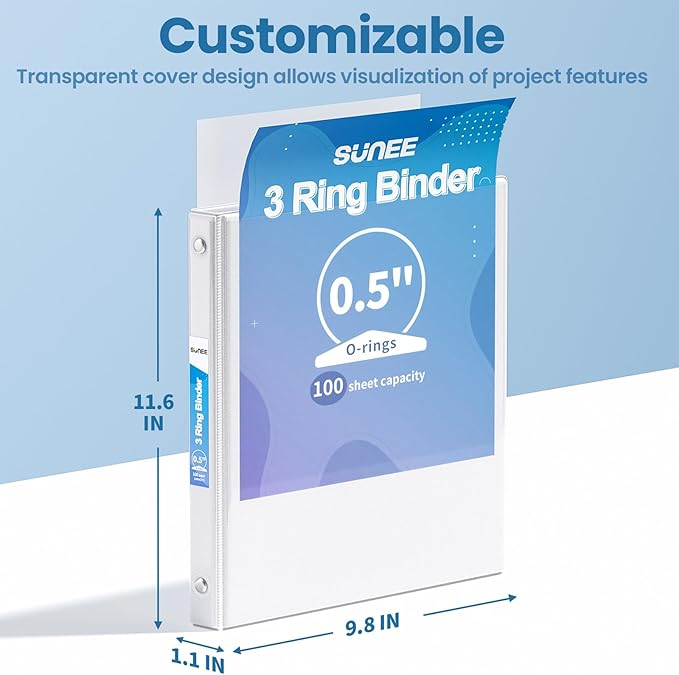 SUNEE 3 Ring Binder 1/2 Inch 1 Pack, Clear View Binder Three Ring PVC-Free (Fit 8.5x11 Inches) for School or Office Supplies, White