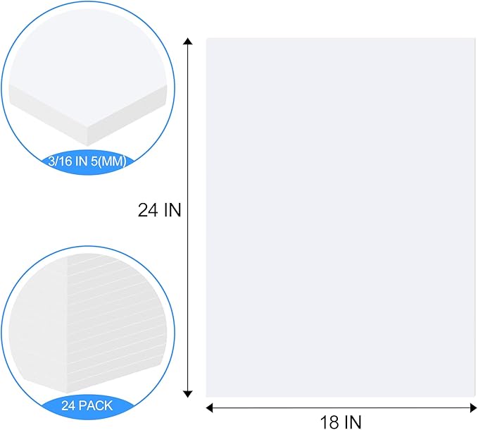 ToLanbbt 24 Pack White Foam Board, 18 x 24 x 3/16" Thick Foam Core Acid Free Poster Foamboard for Art Craft Projects, Painting, Displaying, Signage, Wedding, School