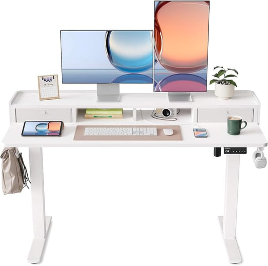 YIHAYO Electric Standing Desk with Drawers, 55 x 24 Inches Adjustable Desk with Storage Shelf, Stand Up Desk with Splice Board, Computer Table for Home Office,White Frame/White Top
