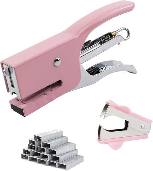 Aacehlh Small Hand-held Stapler Set, 15 Sheet Capacity, Includes 750Pcs Staples and A Staple Remover, Mini Desktop Stapler for Office, School, Home or Travel Use. (Pink)