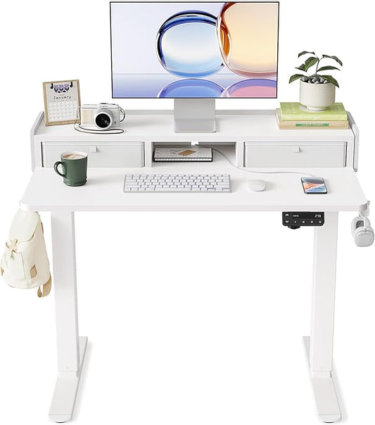 YIHAYO Electric Standing Desk with Drawers, 40 x 24 Inches Adjustable Desk with Storage Shelf, Stand Up Desk with Splice Board, Computer Table for Home Office,White Frame/White Top