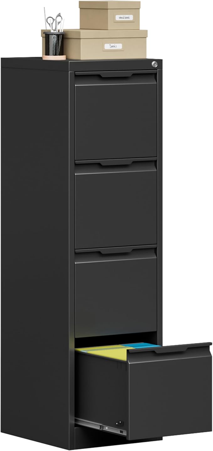 Bestoo 4-Drawer File Cabinet with Lock, Metal Filing Cabinet for Home Office, Vertical Filing Storage Cabinets, Fits File Folders, Letter/Legal/F4/A4 Size, Assembly Required (Black)