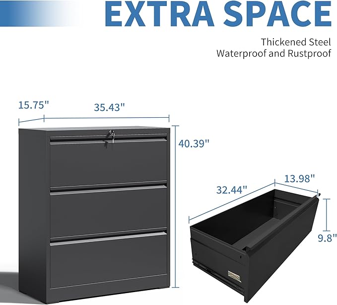 FLIXELIO 3 Drawer File Cabinet, Black Office Cabinets with Lock, Heavy Duty Metal Filing Cabinet for Home Office, Horizontal Lockable File Cabinet for Legal/Letter/A4 Size Files, Require Assembly