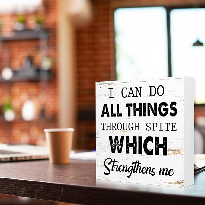 WUZYOU I Can Do All Things Through Desk Sign Wood Block Decor, Inspirational Office Wood Box Sign, Motivational Desk Accessories for Women Office Shelf 5x5x1 INCH