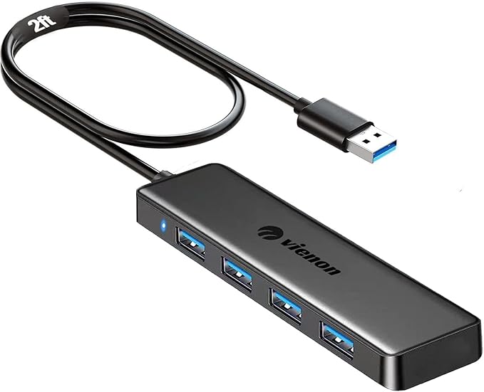USB 3.0 Hub, VIENON USB Hub with 4 USB 3.0 Female Ports, USB Splitter USB Extender for PC, Laptop, Xbox, PS4/5, Flash Drive, HDD, Console, Printer, Camera,Keyborad, Mouse-2ft