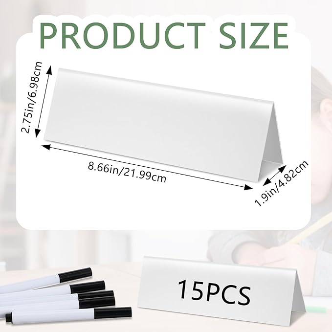15Pcs Reusable Name Tent Cards with Black Markers Dry Erase Name Plate Wipe Clean Desk Tags Sign for Table Office Conference Meeting Weddings,White, 8.66 x 2.75 x 1.9 Inches