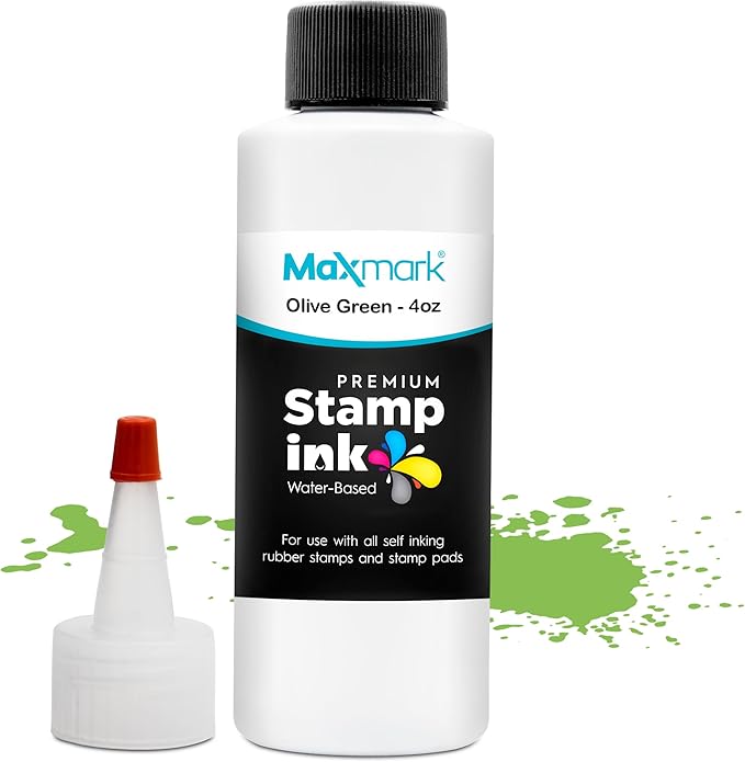 MaxMark Premium Refill Ink with Control Tip Bottle for Self-Inking Stamps, Olive Green Color - 4 oz.