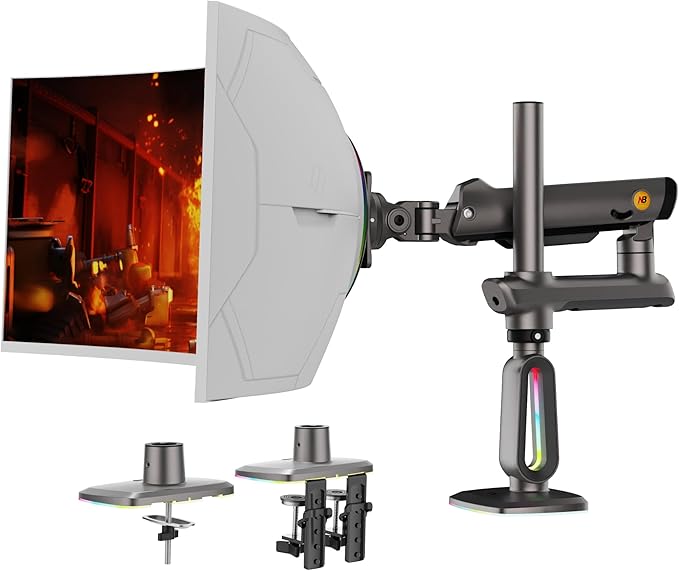 NB Extra Height Gaming Monitor Arm for 32 to 60 Inches Screen, Load up to 20 kg, VESA 75/100, RGB-Light, Heavy Duty, Multi Angle Adjustable, Premium Aluminum, Long Arm Extension Grey Black