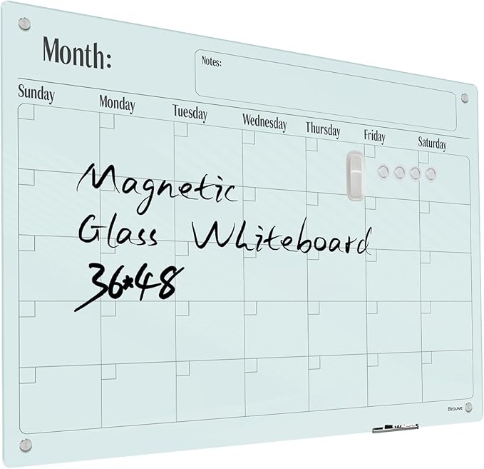 Magnetic Glass Monthly Calendar Whiteboard - 48"x36" Frameless Glass Dry Erase Board for Walls - White