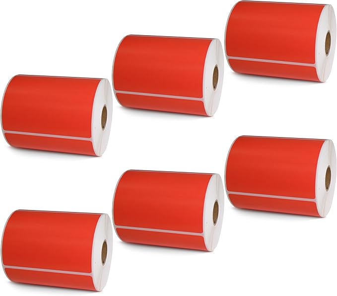 BETCKEY - 4" x 3" Shipping & Multipurpose Labels Compatible with Zebra & Rollo Label Printer,Premium Adhesive & Perforated[Red, 6 Rolls, 3000 Labels]