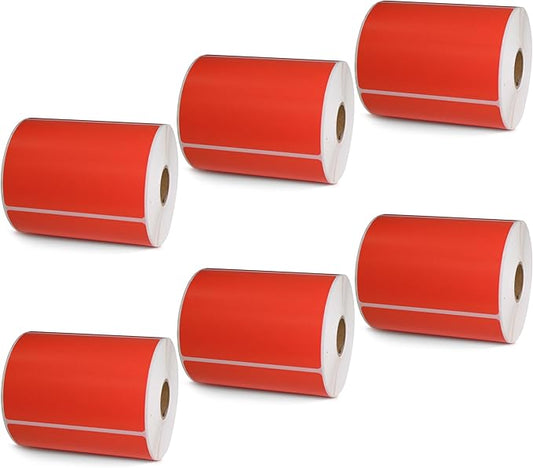 BETCKEY - 4" x 3" Shipping & Multipurpose Labels Compatible with Zebra & Rollo Label Printer,Premium Adhesive & Perforated[Red, 6 Rolls, 3000 Labels]