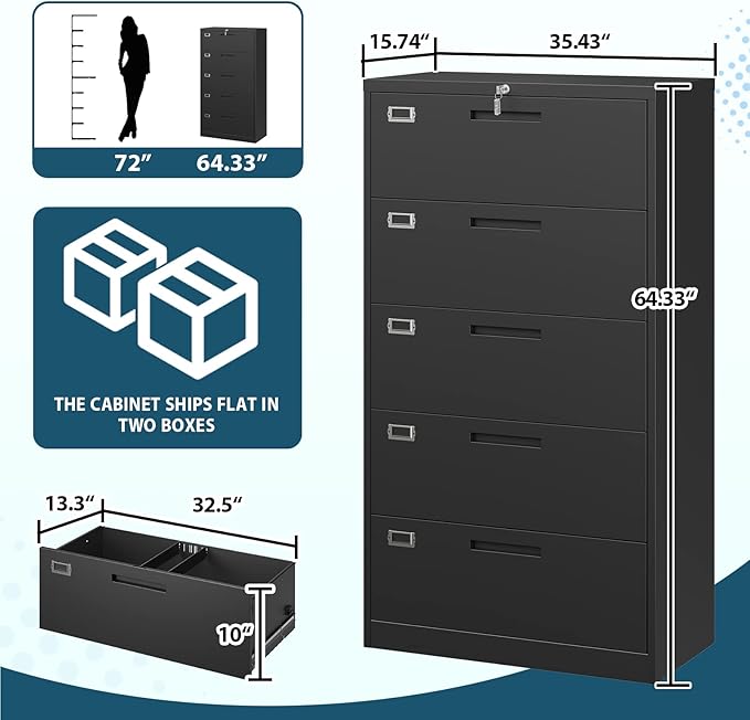 MIIIKO Lateral File Cabinet with Lock, 5 Drawer Metal File Cabinets 35.4" Wide, Home Office Locking Filing Cabinets for Legal Letter File Folders