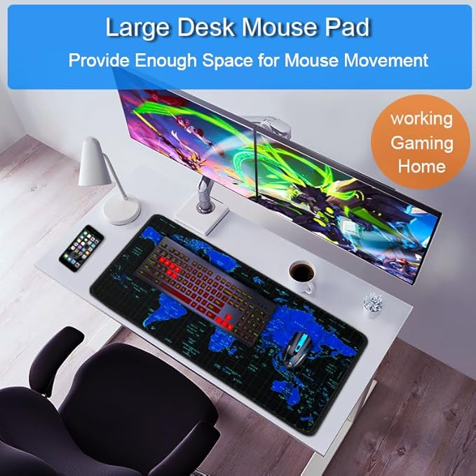 Gaming Mouse Pad, 31.5x15.7 inch Large Extended Computer Keyboard Mouse Mat, Water Resist Non-Slip Mousepad Rubber Base Long XXL Desk Mouse Pad for Work & Gaming, Office & Home, Blue Map