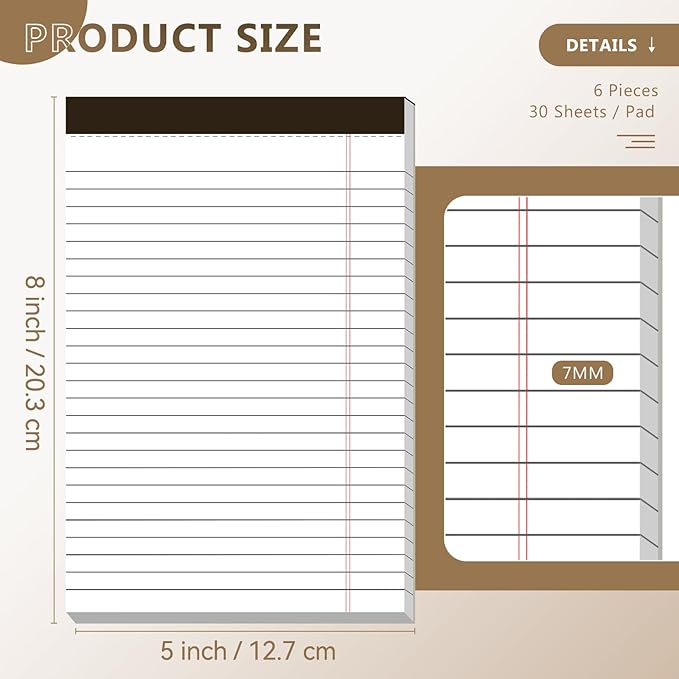 Nichela 5" x 8" Note Pads 6 Pack of Legal Pads Narrow Ruled Notepad with Perforated Notepads 30 Sheets Small Writing Pads 21lb Legal Pad Quality Paper Ideal for Home, Office, or School Use