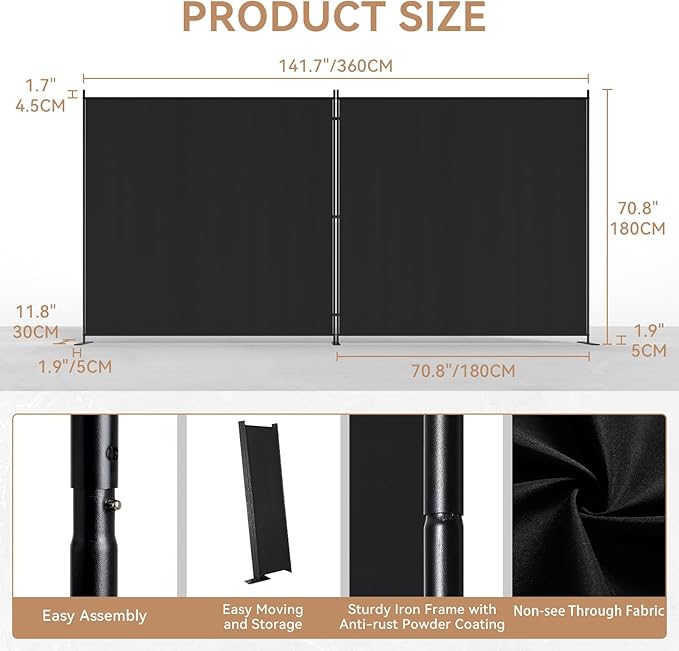 C-Hopetree 2 Panels Room Divider, 6 Ft Tall Indoor Folding Privacy Screen, Portable Partition Separator, Freestanding Separation Temporary Wall for Office, Bedroom, 142" W X 71" H, Black