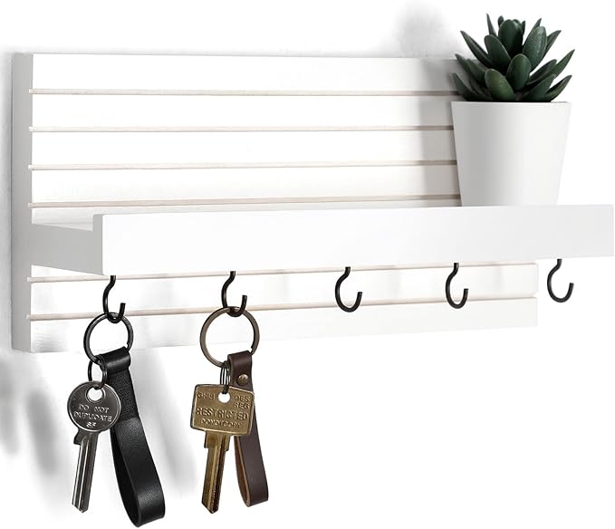 Lwenki Decorative Key Holder for Wall with Shelf, Entryway Shelf with Hooks Holds Leashes, Jackets and Glasses – Sturdy Wood Keyholder Entrance Hanger with Mounting Hardware (White, Medium)