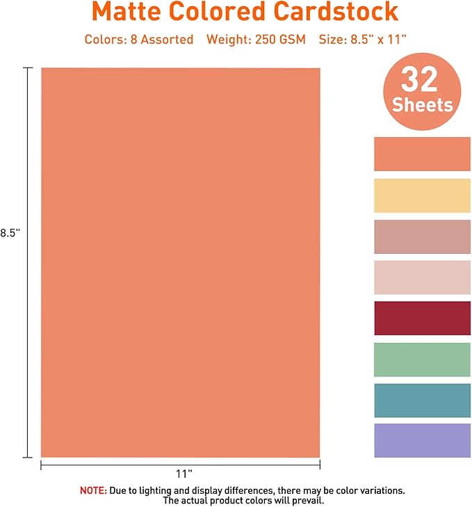 MAXECHO 8.5"×11" Colored Cardstock 32 Sheets, 250gsm/92lb Double-Sided Heavyweight Assorted Color Card Stock for Printer, Cricut, DIY Crafts, Card Making, Die Cutting, Scrapbooking, Construction Paper
