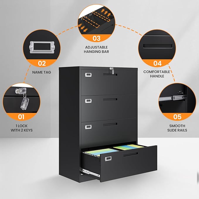 AFAIF 4 Drawer File Cabinets for Home Office, Metal Filing Cabinet with Lock, Black Locking File Caninet Four Drawer, Office Storage Caninets Steel Cabnet for Letter/Legal/A4/F4-Assembly Required
