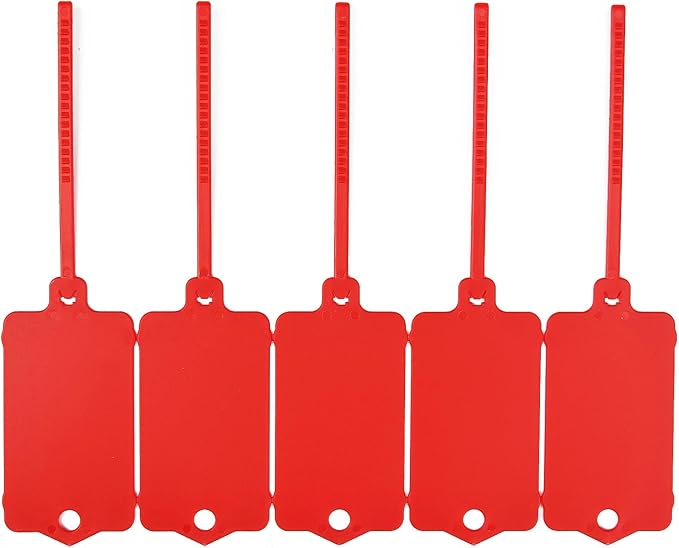 100pcs Blank Plastic Tags for Labeling Reusable Hanging Tags Ties Key Tag Storage Labels Waterproof Plastic Mark Label Writable Hang Sign with One Marker Pen (Red)