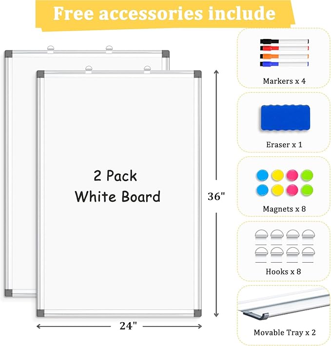 AMUSIGHT 2 Pack Double-Sided Magnetic Whiteboard, 36" x 24" Dry Erase Board, Aluminum Frame White Board for Wall, Hanging Mounting White Board Dry Erase Marker Board for Office, School, Home