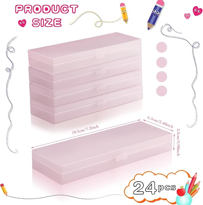 Fainne 24 Pcs Plastic Pencil Case Bulk Pencil Boxes Plastic Stationery Case Frosted Pen Box Pen Holder with Hinged Lid Snap Closure for Office(Single Layer,Pink,7.09 x 2.36 x 0.98 Inch)
