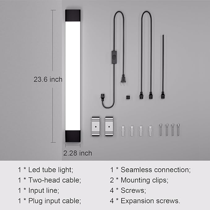 Modlicht Plug in Light Fixture 2FT Linkable 5000K Under Cabinet Lighting, LED Tube Light Fixture with Plug, Triproof Ceiling Wall Light for Closet Workbench Kitchen Basement Garage